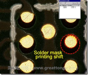 電路板BGA下面的防焊層印刷偏移，造成焊墊大小不一致。