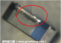 使用錫(Sn)鍍層的電源電感器(Power Inductors)，經(jīng)過推力測試后，其焊點還保留在零件的端點上，所以推力比較高。