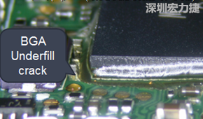 下面兩張照片就顯示既使添加了底部填充膠underfill，經過摔落后還是發生BGA錫球破裂的問題，因為連Underfill膠都裂開了。