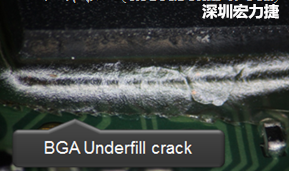 下面兩張照片就顯示既使添加了底部填充膠underfill，經過摔落后還是發生BGA錫球破裂的問題，因為連Underfill膠都裂開了。