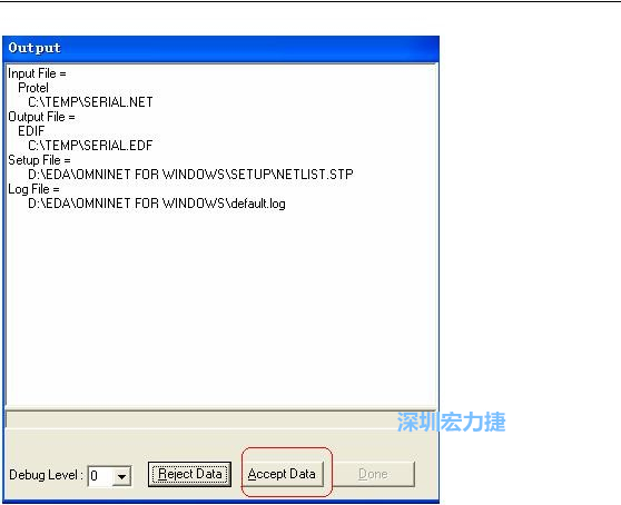 系統彈出一個輸出窗口，點擊 Accept Data。完成后點擊“確定”，再點擊“Done”關閉輸出窗口。退出 Omninet for Windows。