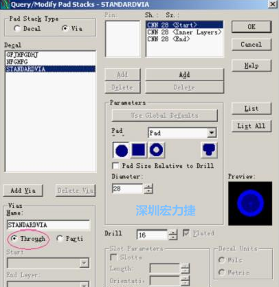 分析文件完成后，點(diǎn)擊菜單Setup→Pad Stacks調(diào)出焊盤(pán)堆設(shè)置窗口，將Pad Stack Type改為Via