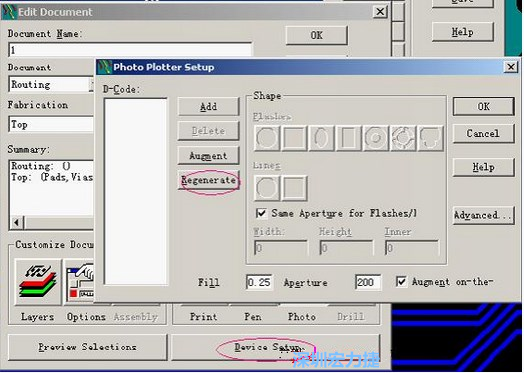 當(dāng)Gerber和鉆孔都設(shè)置完后，選擇一貼片元件較多的層（一般為Top層），點擊Device SetupPhoto，將 Plotter Setup窗口D-Code欄原有的D碼刪除并按Regenerate重新生成