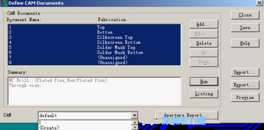 回到Dsfine CAM Documents窗口 ，將所有須輸出的文件用鼠標(biāo)拉住選擇，按Run輸出，默認輸出路徑是安裝目錄的\CAM\default，也可按CAM的Create更改