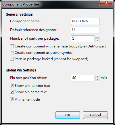 按下工具  "Create a new component"， 出現底下畫面， 按下OK后， 產生MYCONN3/U? 文字重迭在一在， 把它們分開(用mouse選擇并按下"M"， 即可移動)