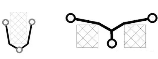 圖12：樹和(灰色顯示的)障礙物。(a)最小生成樹，(b)Steiner樹。