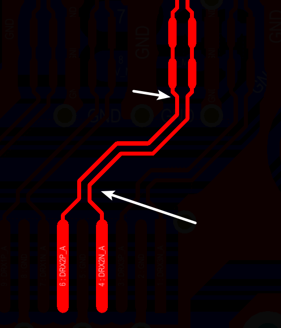 相應(yīng)的要對差分對不匹配的情況作出補償，使其線長匹配，長度差通常控制在5mil以內(nèi)